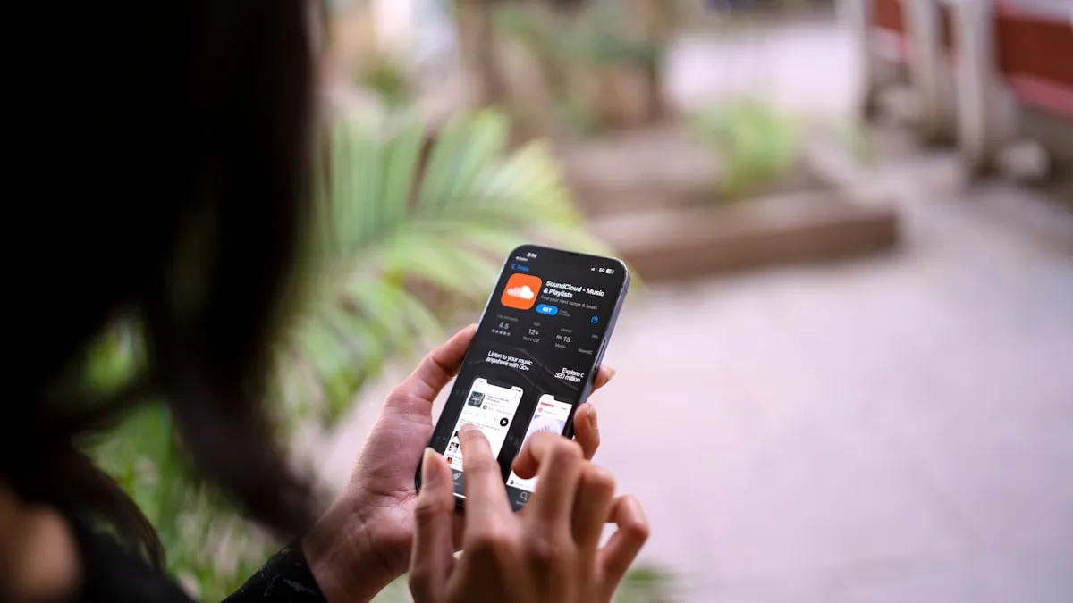 Person using smartphone with comparison shopping app and modern digital interface