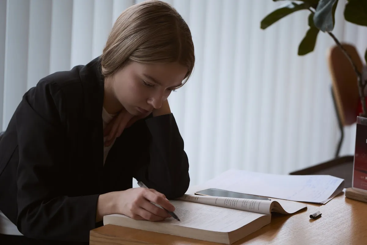 Professional reviewing handwritten logbook records at office desk