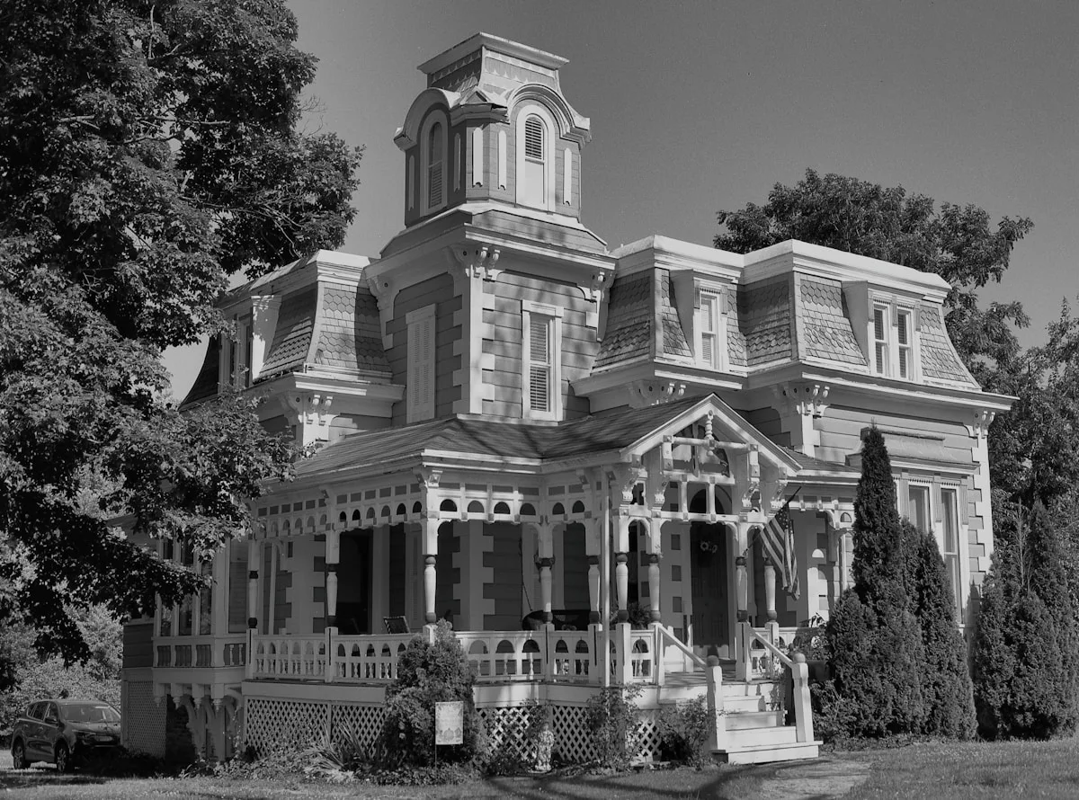 Traditional funeral home building exterior with classic American architecture