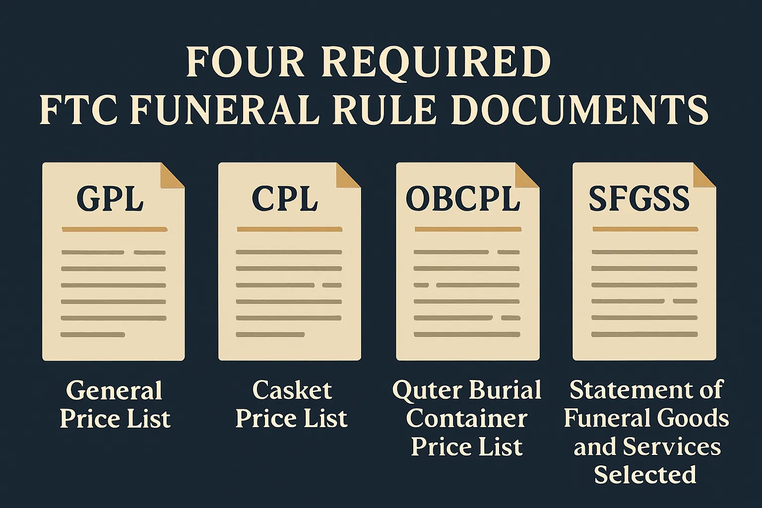 Four required FTC Funeral Rule documents: GPL, CPL, OBCPL, and SFGSS