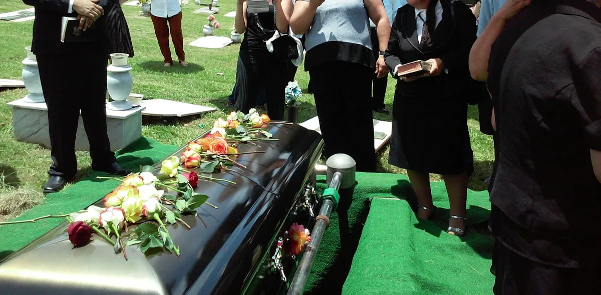 Modern celebration of life gathering with flowers and diverse guests