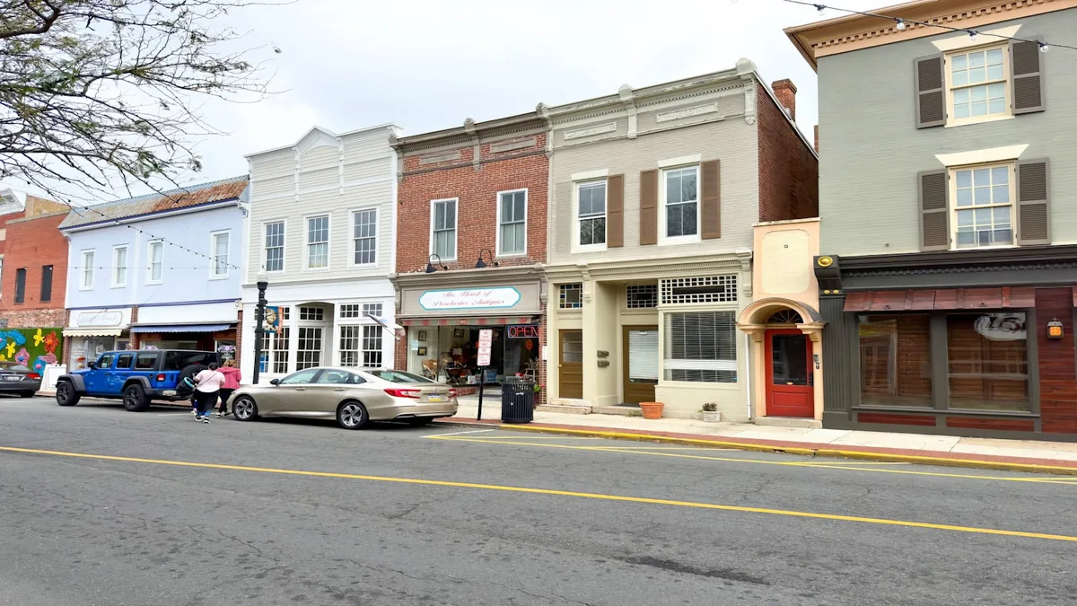 Small American town main street representing the community a funeral home serves