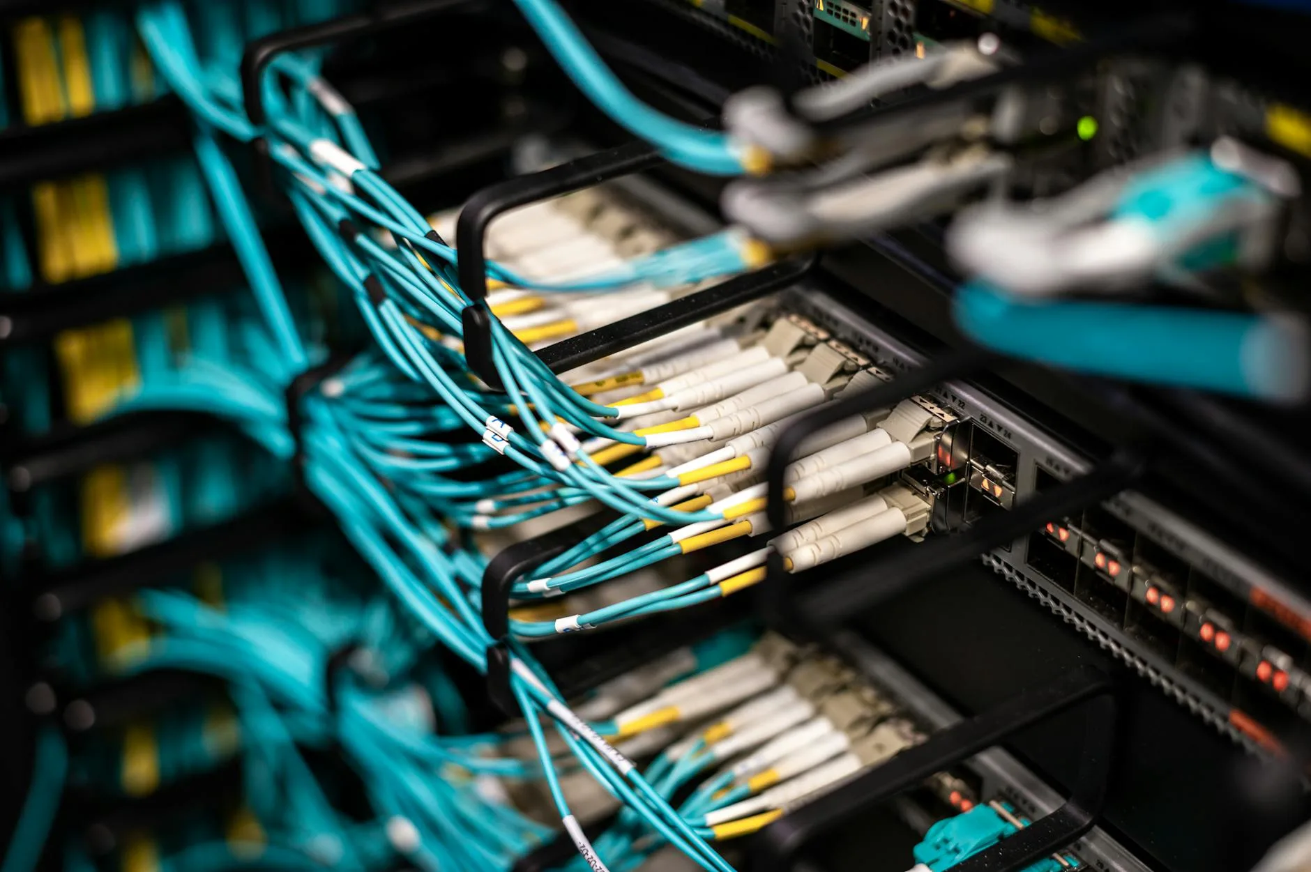 Server room with networking cables and data infrastructure